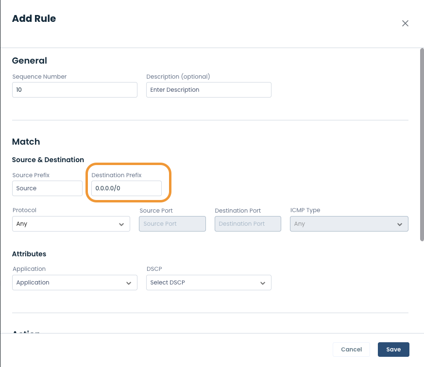 Form for adding a rule with highlighted destination prefix field.